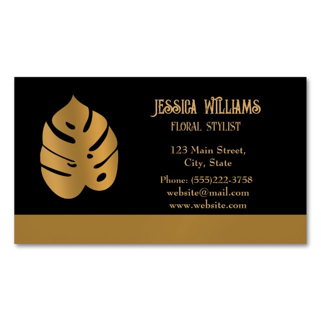 Shiny Bronze Flower Monstera Leaves on black  Business Card Magnet (Front)