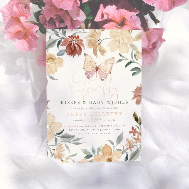 Shiny Butterfly Kisses & Wishes Girl Baby Shower Foil Invitation (Creator Uploaded)