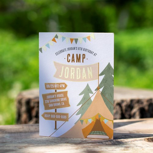 Shiny Camping Outdoor Adventure Boy Birthday Party Foil Invitation