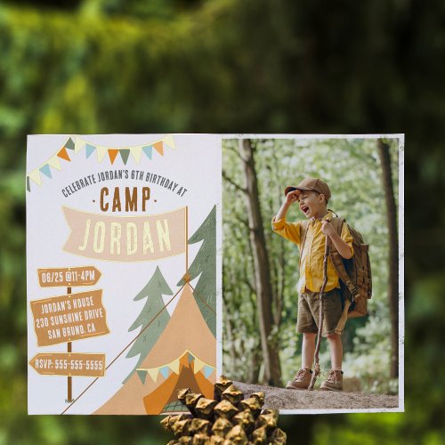 Shiny Camping Outdoor Boy Photo Birthday Party Foil Invitation