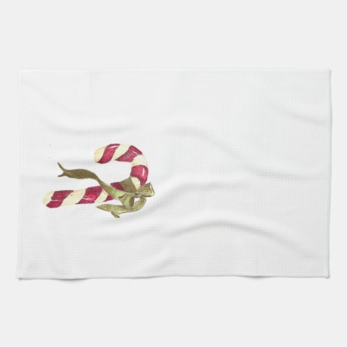 Shiny Candy Cane with Muted Green Ribbon Kitchen Towel