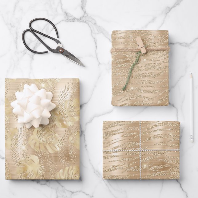 Shiny Champagne Gold Glam Animal Print  Wrapping Paper Sheets (Front)