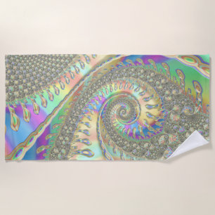 Shiny Colorful Spiral Fractal Digital Abstract Art Beach Towel