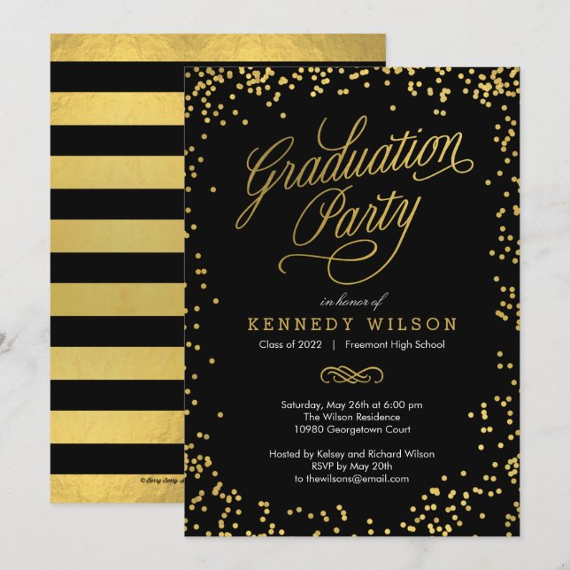 Shiny Confetti Graduation Party Invitation Black (Front/Back)