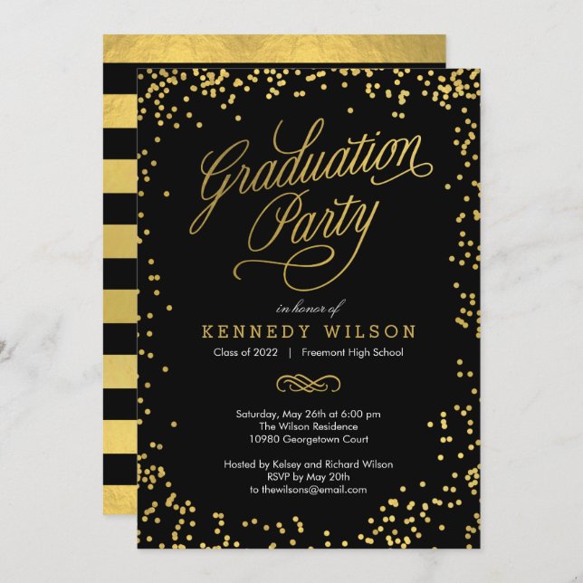 Shiny Confetti Graduation Party Invitation Black (Front/Back)