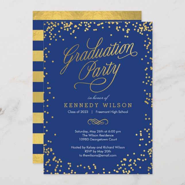 Shiny Confetti Graduation Party Invitation Blue (Front/Back)
