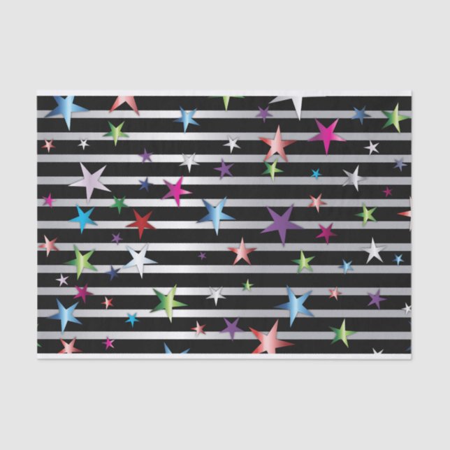 Shiny Confetti Stars On Black and Silver Stripes  Tissue Paper (Front)