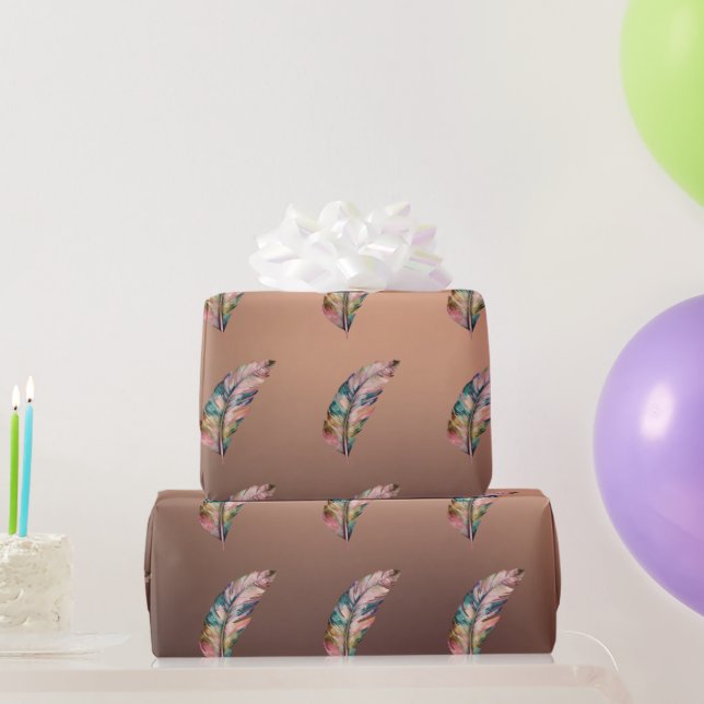 Shiny Copper Colored Paper Pink and Green Feathers (Party Gifts)