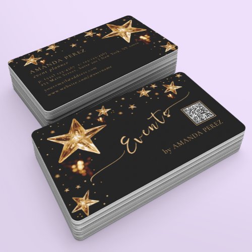 Shiny Crystal Gold Stars on Black Event Planning Business Card