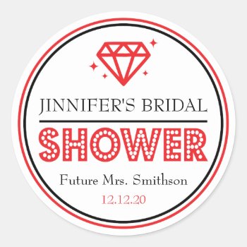 Shiny Diamond Bridal Shower Favor (red / Black) Classic Round Sticker by WindyCityStationery at Zazzle