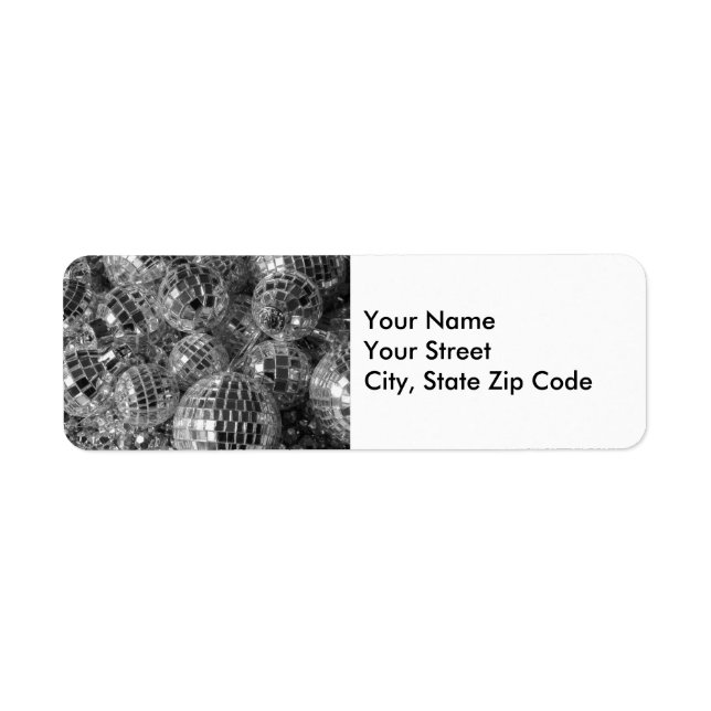 Shiny Disco Ball Ornaments Black and White Photo Label (Front)