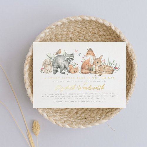 Shiny Elegant Woodland Forest Animals Baby Shower Foil Invitation