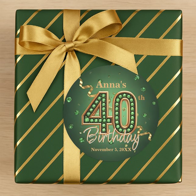 Shiny Emerald Green and Gold Accents 40th Birthday Classic Round Sticker (Creator Uploaded)