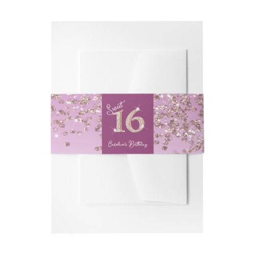 Shiny Falling Rose Gold Glitter Sweet 16 Invitation Belly Band