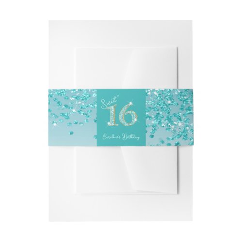 Shiny Falling Teal Blue Glitter Sweet 16 Invitation Belly Band