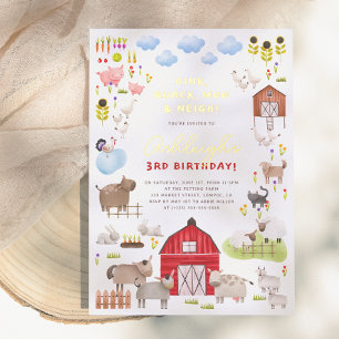 Shiny Farm Animals Barnyard Birthday Party Foil Invitation