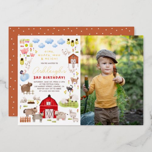 Shiny Farm Animals Bash Birthday Party Photo Foil Invitation