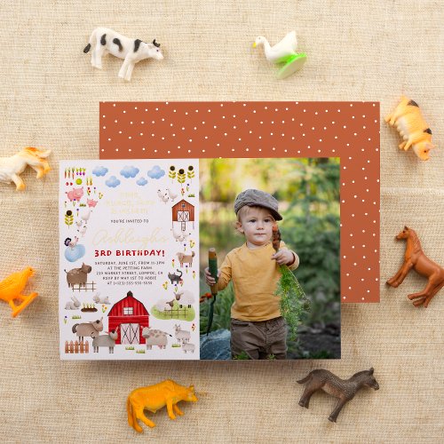 Shiny Farm Animals Bash Birthday Party Photo Foil Invitation