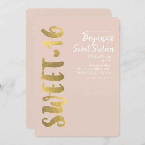 Shiny Faux Gold Foil Beige Sweet 16 Sixteen Party Invitation