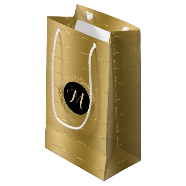 Shiny faux-gold stripes monogram small gift bag (Front Angled)