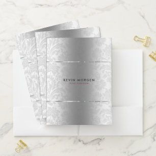 Shiny Faux Silver-Gray Background & Damasks Pocket Folder