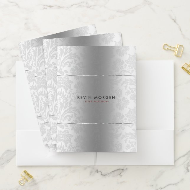 Shiny Faux Silver-Gray Background & Damasks Pocket Folder (In Situ)