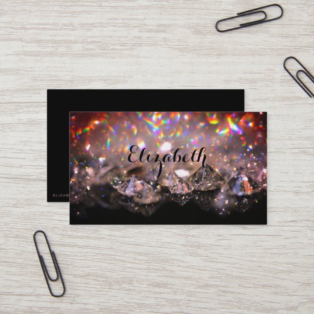 Shiny Festive Elegant Diamonds Black and Pink Business Card (Front/Back In Situ)