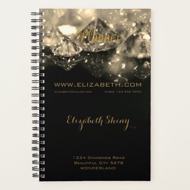 Shiny Festive Elegant Diamonds Black Sepia Planner (Front)
