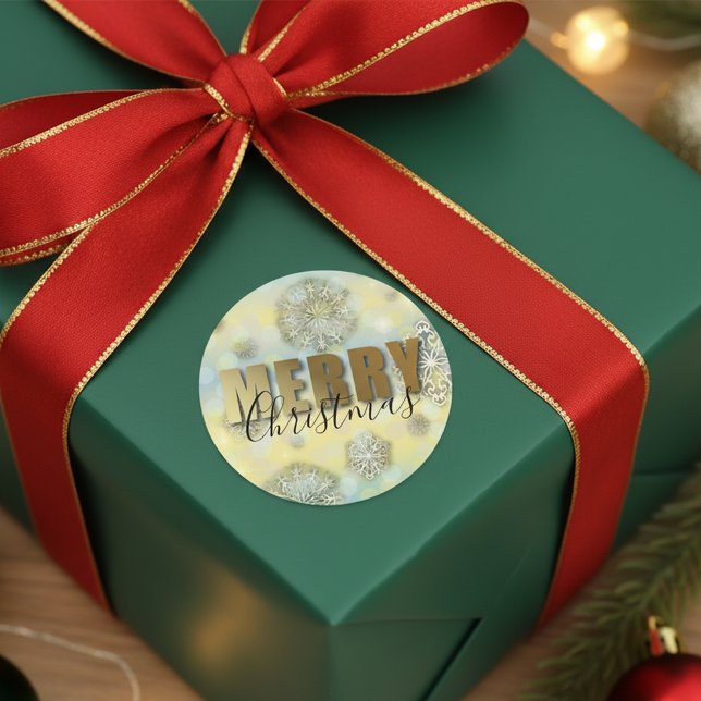 Shiny Filigree Snowflakes Gold Merry Christmas  Classic Round Sticker (Creator Uploaded)