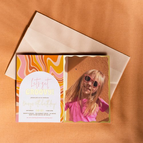 Shiny Get Groovy Pink Orange Photo Birthday Party Foil Invitation