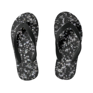 Shiny Glassy Bokeh Glitter Confetti and Black Kid's Flip Flops