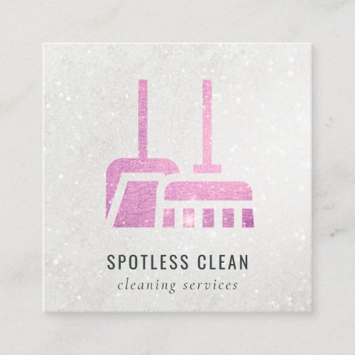 Shiny Glitter Pink Broom Cleaner Cleaning Service Square Business Card
