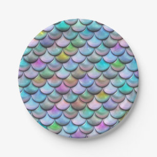 Shiny glossy pearlescent colorful mermaid scales paper plates