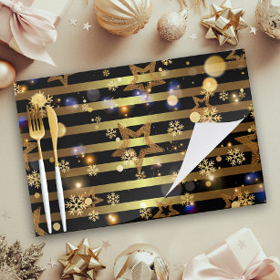 Shiny Glowing Gold Snowflakes Stars Paper Placemat