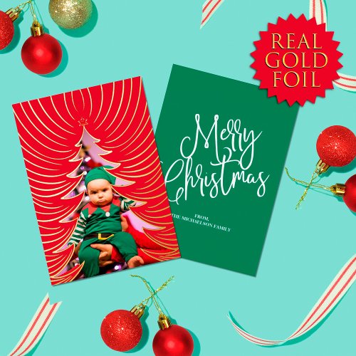 Shiny Gold Abstract Tree Photo Christmas Foil Holi Foil Holiday Card