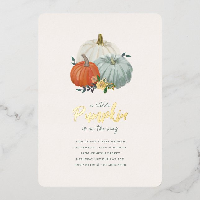 Shiny Gold and Dusty Blue Pumpkin Baby Shower Foil Invitation (Front)