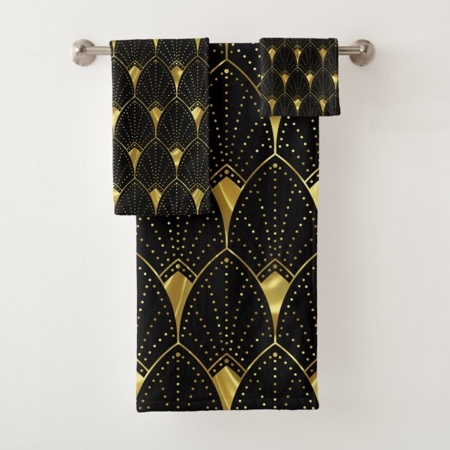 Shiny Gold Art Deco Pattern On Black Background Bath Towel Set (Insitu)