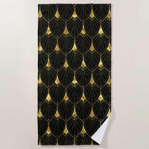 Shiny Gold Art Deco Pattern On Black Background Beach Towel