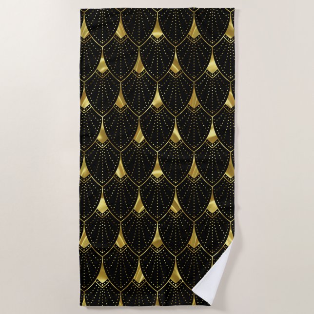 Shiny Gold Art Deco Pattern On Black Background Beach Towel (Front)