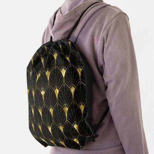 Shiny Gold Art Deco Pattern On Black Background Drawstring Bag
