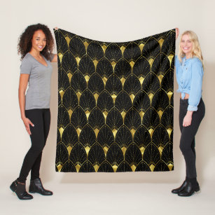 Shiny Gold Art Deco Pattern On Black Background Fleece Blanket