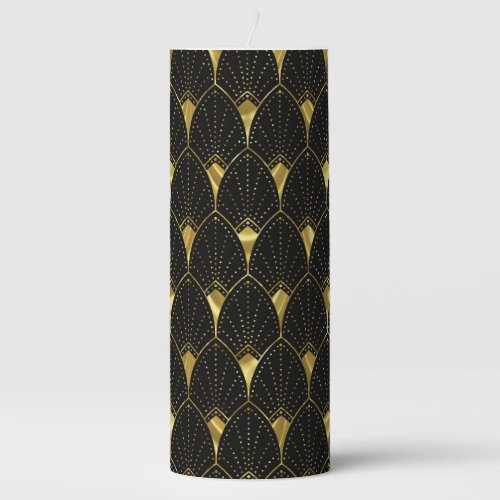 Shiny Gold Art Deco Pattern On Black Background Pillar Candle