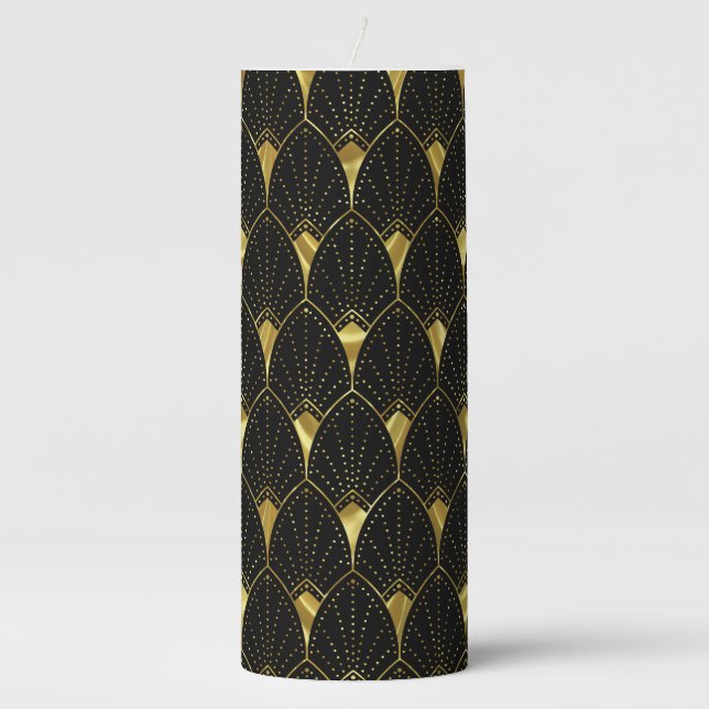 Shiny Gold Art Deco Pattern On Black Background Pillar Candle (Front)
