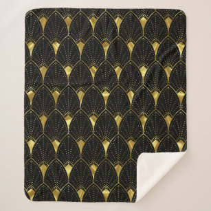 Shiny Gold Art Deco Pattern On Black Background Sherpa Blanket