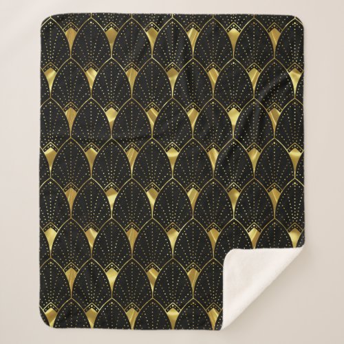 Shiny Gold Art Deco Pattern On Black Background Sherpa Blanket