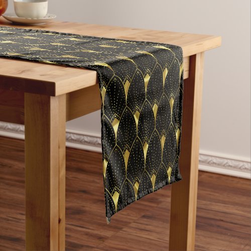 Shiny Gold Art Deco Pattern On Black Background Short Table Runner