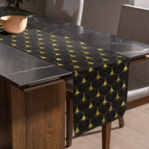Shiny Gold Art Deco Pattern On Black Background Short Table Runner