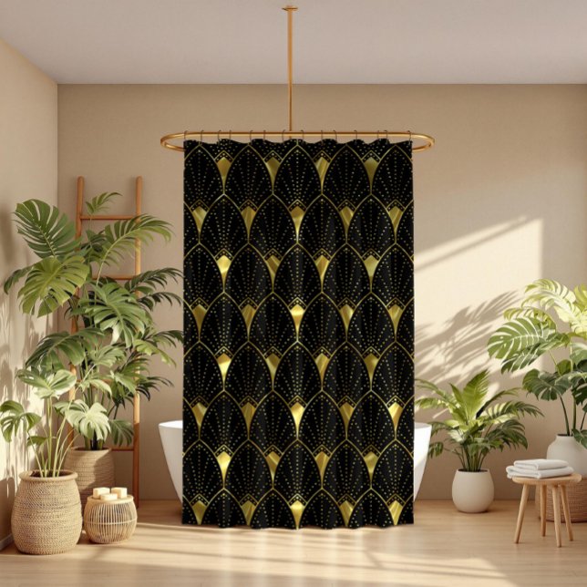 Shiny Gold Art Deco Pattern On Black Background Shower Curtain (Creator Uploaded)
