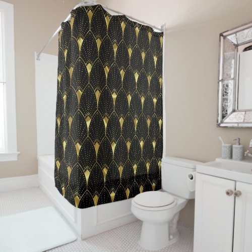 Shiny Gold Art Deco Pattern On Black Background Shower Curtain