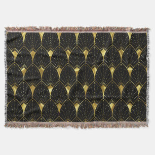 Shiny Gold Art Deco Pattern On Black Background Throw Blanket